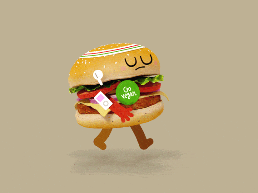 A walking burger animated as a person with 3d and 2nd elements