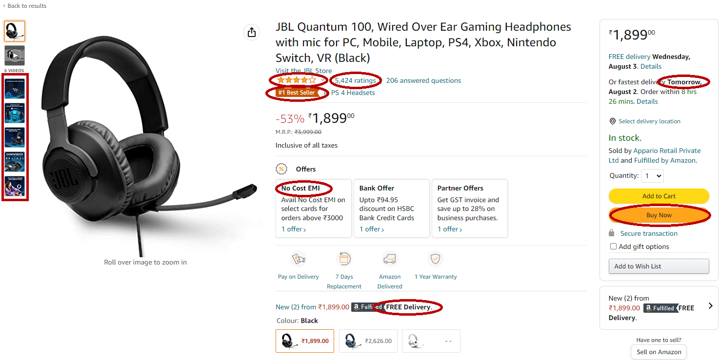 JBL Quantum 100 wired product page on Amazon with clean UI UX