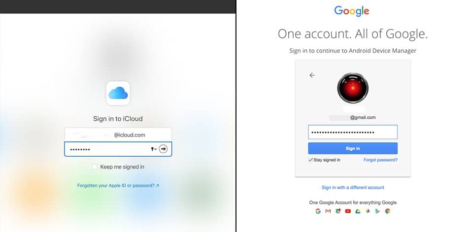 Comparison of device finder login screen for Apple and Google
